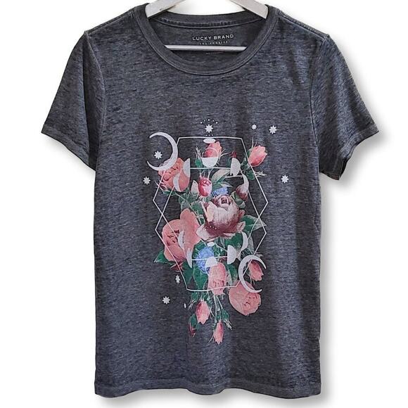 New! Lucky Brand Moon and Flowers Graphic Print Classic Cotton Blend T-Shirt - Picture 3 of 4